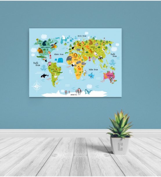 Παιδικός Πίνακας Σε Καμβά Παγκόσμιος Χάρτης Με Ζώα