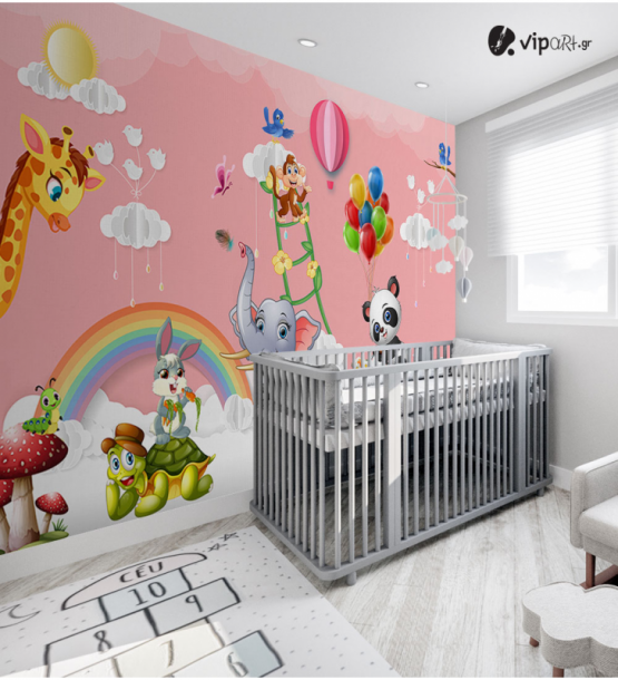 Ταπετσαρία Τοίχου για Παιδικό Δωμάτιο για κορίτσι Ροζ ζώα Ουράνιο Τόξο